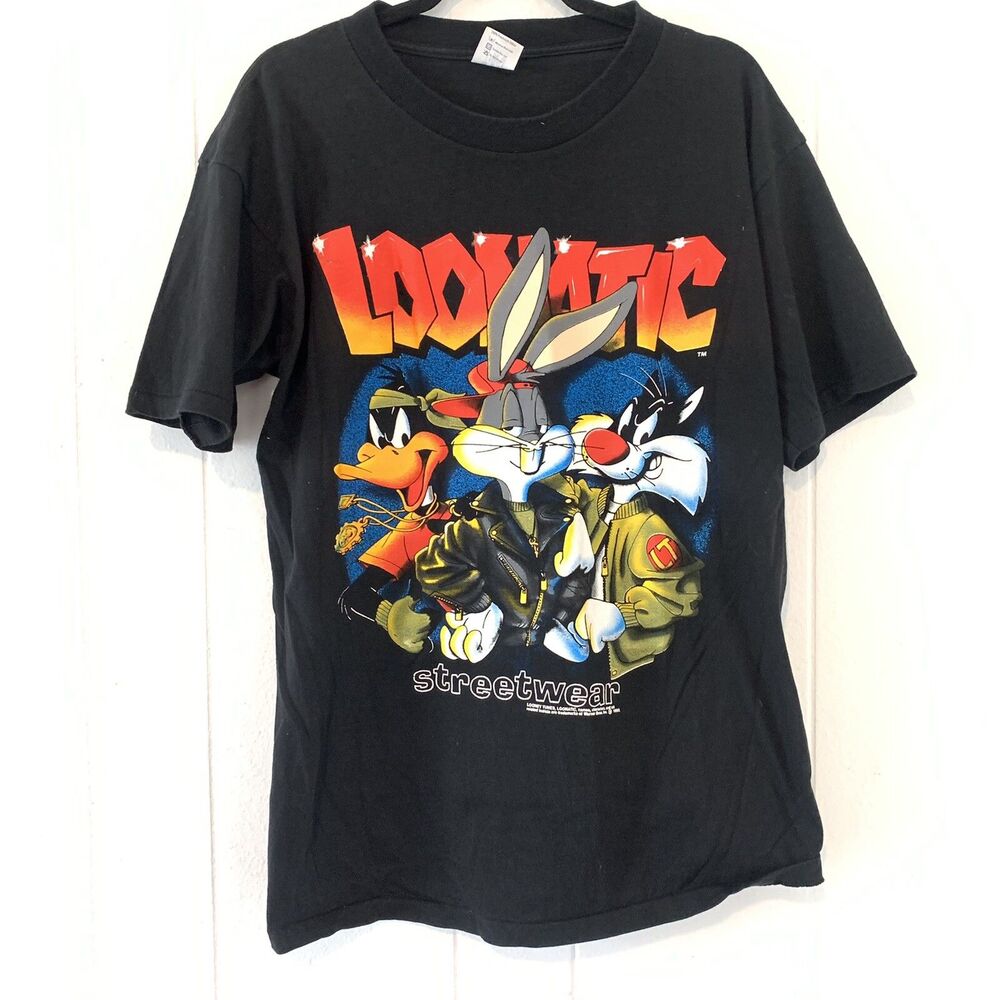 Vtg Looney Tunes Large T Shirt Streetwear Bugs Daffy 1992 Black TAG USA
